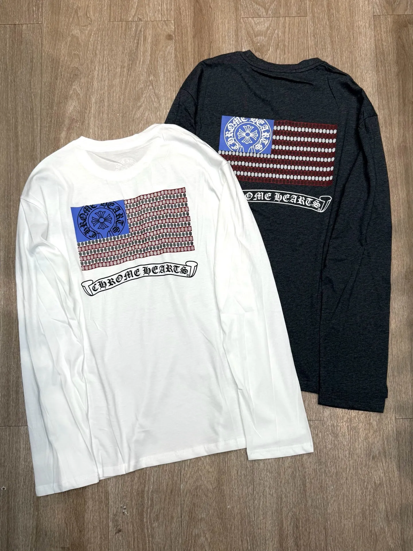P178 ChromeHeart•25ss New Stars and Stripes Printed Thin Sunscreen Long-Sleeved Top✅✅✅Ready in stock Focus on quality and compare at will Size: S M L Color: Gray White